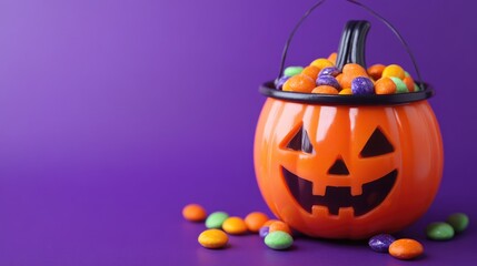 Halloween pumpkin candy bucket on purple background