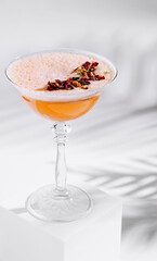 Cocktail glass standing on white cube with tropical leaf shadow