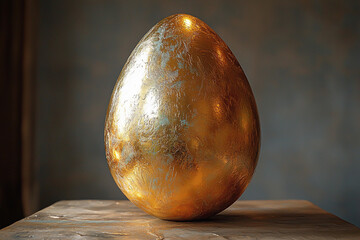 Fototapeta premium Shiny golden egg displayed on a pedestal in soft lighting