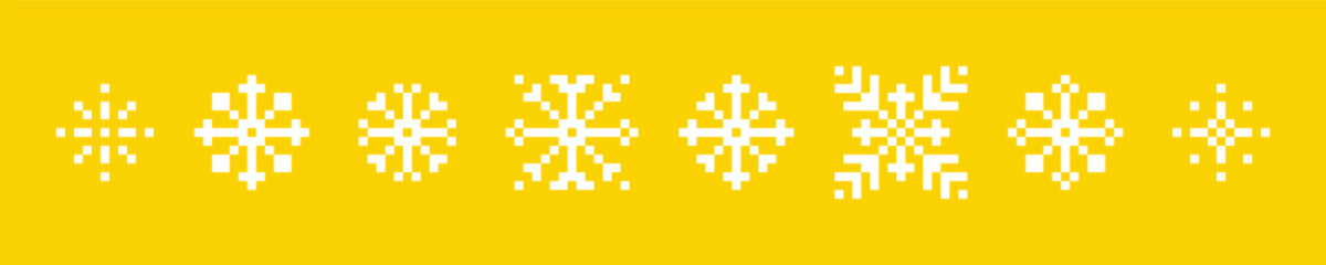 Fototapeta premium Geometric snowflakes pixel icons set. Abstract winter game elements. Christmas pattern. Mood of 90's aesthetics. Retro style pixelated vector elements. Xmas. Simple geometric shape for collage sticker