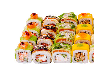 Delicious assortment of colorful sushi rolls is presented, showcasing a variety of fresh...