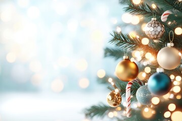 Obraz premium A beautifully decorated Christmas tree adorned with colorful ornaments and twinkling lights, creating a joyful holiday atmosphere.