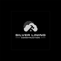 silver lining logo, cloud and sun ray vector, home roof repair with hammer vector template