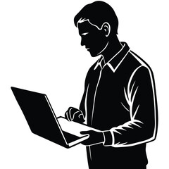 man-taking-notes-on-paper-white-using laptop vector silhouette