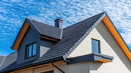 Modern house roof design with gray tiles and brick walls, blue sky background