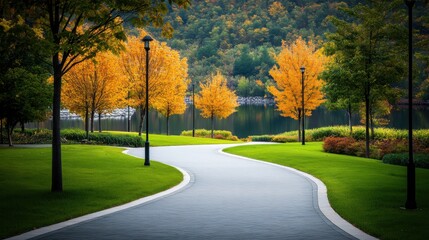 Obraz premium Serene Pathway Through Autumn Trees by the Lake