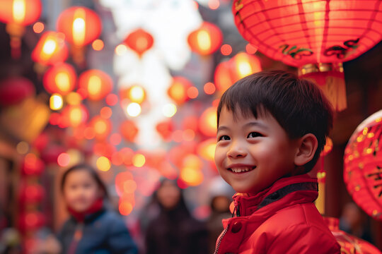 Mother and child enjoying Chinese New Year lantern festival