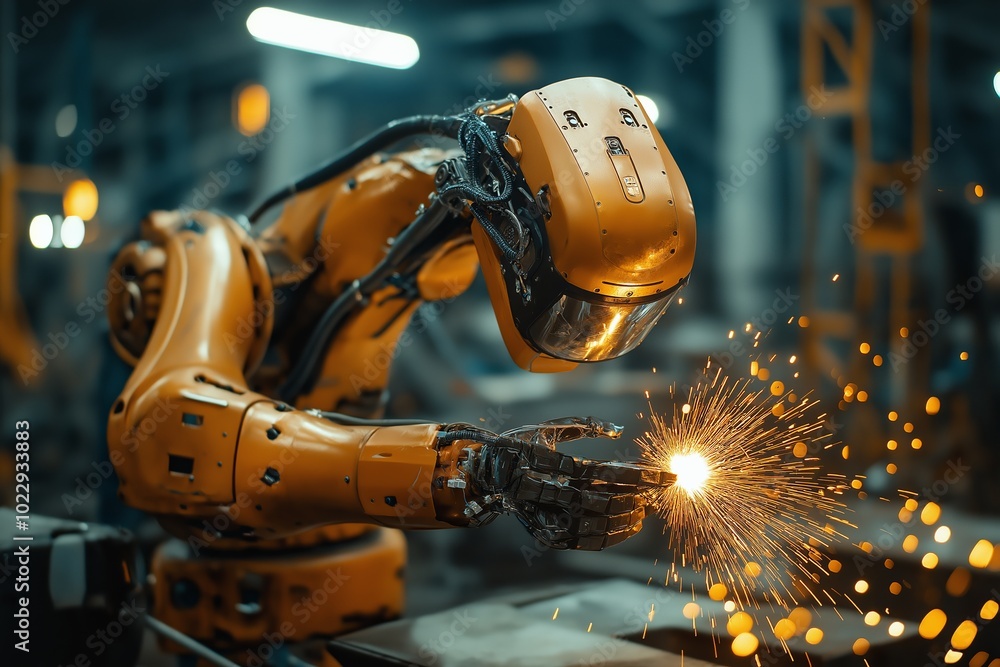 Poster robot is working in a factory. robot is orange and has a blue helmet. engineer check, control weldin