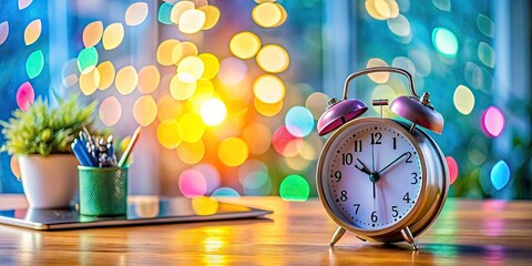 Modern Clock Showing Time for Work Hours with Office Desk Background and Productivity Elements