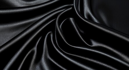 Fototapeta premium Soft shiny black textile luxury fabric folds background. Dark silk Black Friday sales header banner wallpaper design. 