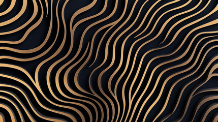 Abstract wavy pattern with gold lines on dark background creating a three-dimensional effect. The golden waves flow in an organic, fluid manner across the surface.