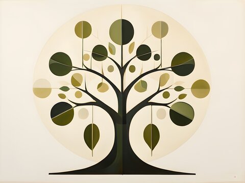 recommend clip art: abstract geometric tree with a circular canopy and a rectangular trunk, arranged in a clean, balanced design with a limited color palette of olive green, deep brown, and ivory