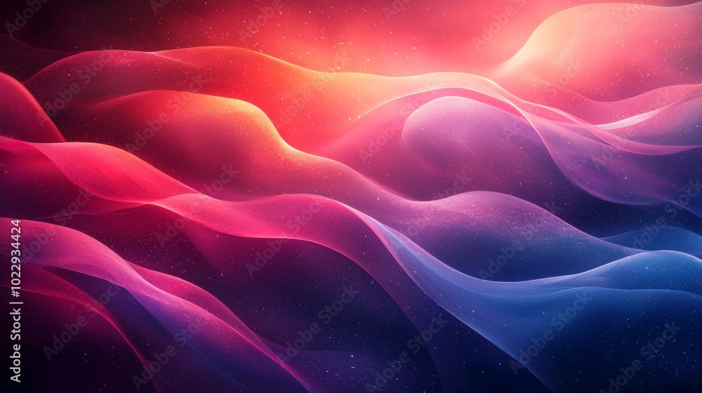 Poster abstract colorful waves background with glittering particles flowing in a curved motion, creating a 