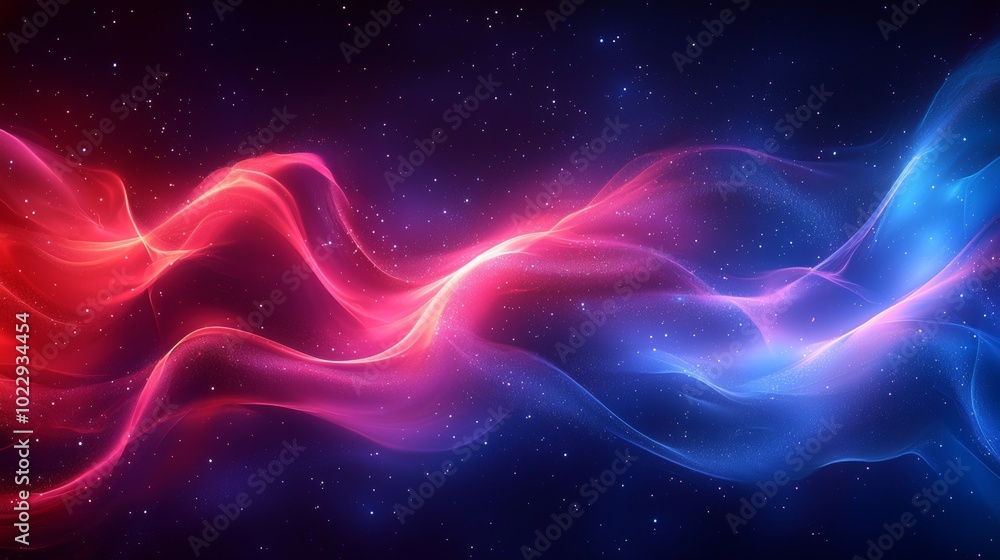 Poster abstract representation of energy flowing in colorful waves, with a starry and celestial background,
