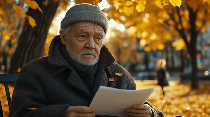 Fototapeta premium Man is sitting on a bench reading a piece of paper. man sits on a park bench, holding a piece of paper in his hand, with a heavy expression on his face, as if recalling something important.