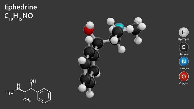 Molecule of Ephedrine (C10H15NO), is a sympathomimetic amine derived from the Ephedra plant. It acts as a bronchodilator and stimulant, used to treat asthma and hypotension. Gray back. 3D render