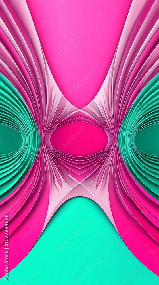 Poster vibrant, modern abstract image with pink and green shapes intertwining in a captivating tunnel effec