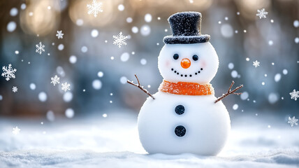 A cute snowman wearing an orange scarf and a black top hat, standing in the falling snow with a blurred background