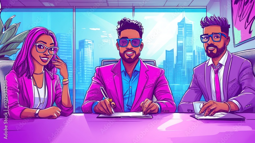 Wall mural Three professionals in vibrant attire collaborate in a modern office setting.