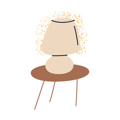 Obraz premium Trendy mushroom shaped bedside lamp on round table. Vector illustration in flat style. Cozy lighting perfect for interior design, relaxation, and creating warm home atmosphere