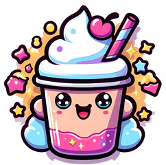 Cute cartoon milkshake with whipped cream and cherry topping