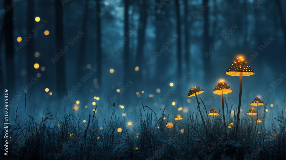 Poster magical forest scene with glowing mushrooms illuminating dark surroundings, creating enchanting atmo
