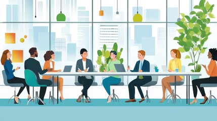 A diverse group of professionals engaged in a meeting around a conference table.