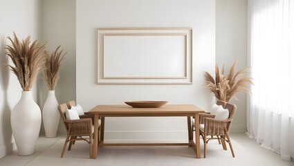 Living room interior with white empty poster frame on the wall