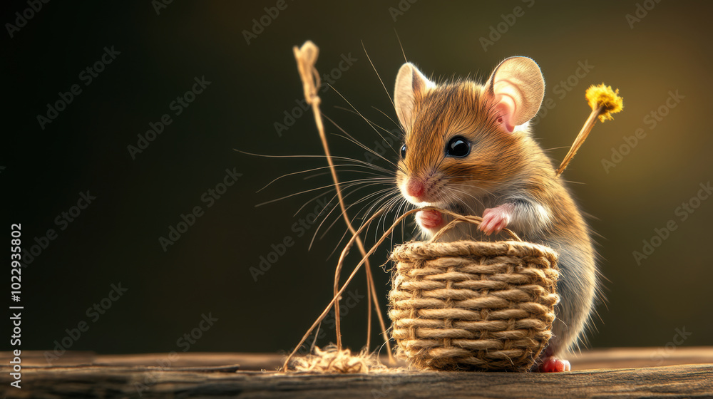 Poster mouse weaving tiny basket with delicate threads, showcasing its craftsmanship and focus in serene en