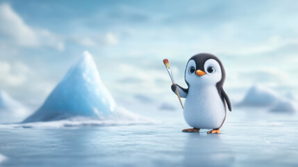 Fototapeta premium cute penguin holding paintbrush stands on icy landscape, ready to create masterpiece. serene environment enhances artistic vibe of this charming scene