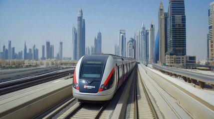A modern train travels on an elevated track in a city with tall buildings.