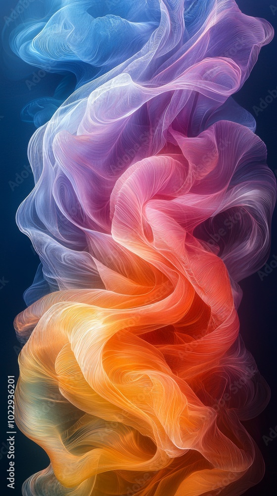 Poster colorful abstract smoke is flowing, forming a wavy and ethereal pattern with a mesmerizing and capti