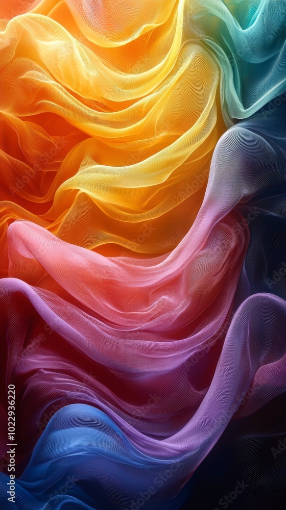 Poster mesmerizing multicolored fabric flowing in the wind, creating a stunning abstract background with vi