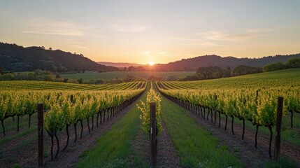 Fototapeta premium Sunset Over a Vineyard with Rows of Grape Vines