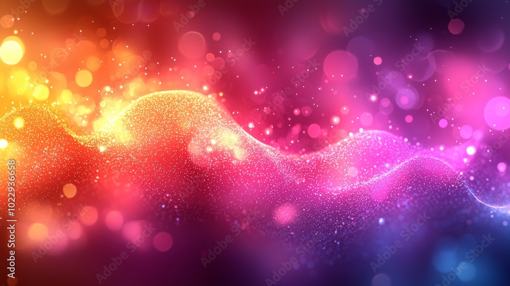 Poster abstract background with sparkling glittery particles forming wavy shapes and colorful bokeh lights,
