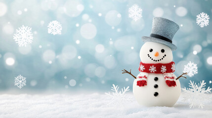 Fototapeta premium cheerful snowman with top hat and scarf stands in snowy landscape, surrounded by delicate snowflakes. festive atmosphere evokes joy and winter magic