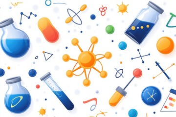 A vibrant collection of science elements featuring flasks, molecules, and mathematical symbols on a white background.