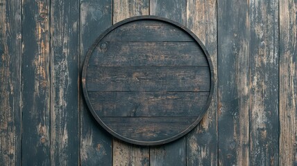 A circular mockup signboard mounted on a dark-stained wooden wall, providing a stylish backdrop that is perfect for storefront branding.