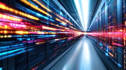 Fototapeta premium A vibrant data center corridor showcasing dynamic light trails, symbolizing high-speed data transfer and modern technology.