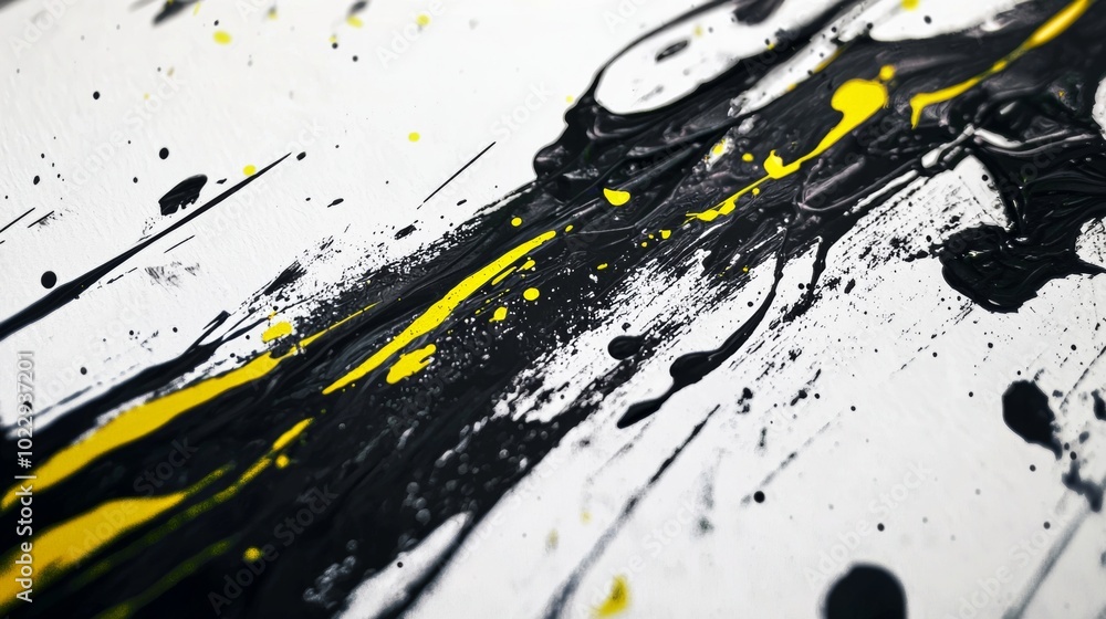 Poster vibrant abstract painting splattering on white canvas, creating dynamic composition with messy yet c
