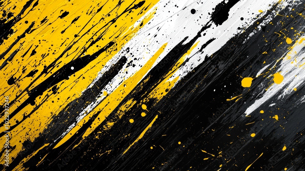 Poster abstract grunge background with yellow, white and black paint splattered on a black surface, creatin