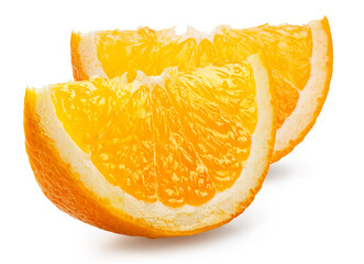 Orange fruit isolated. Orange slices closeup on white background. File contains clipping path.