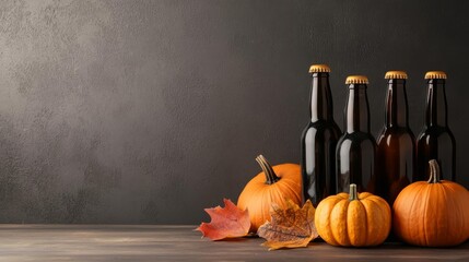 Craft beer bottles with pumpkins and autumn leaves on a rustic wooden table.