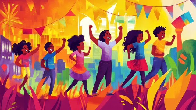 A vibrant illustration of diverse individuals marching together in celebration and unity.