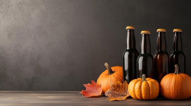 Craft beer bottles with pumpkins and autumn leaves on a rustic wooden table. - Powered by Adobe