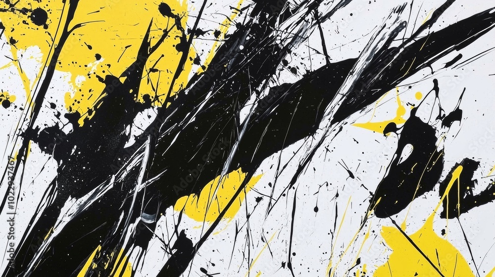 Poster black and yellow paint is splattered across a white canvas, creating an abstract and chaotic composi