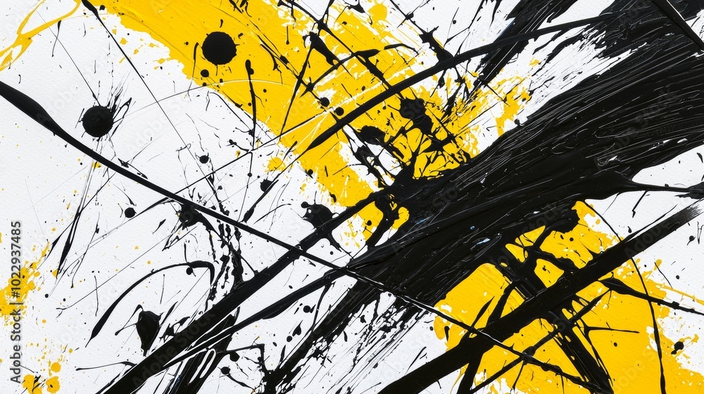 Poster black and yellow paint splattered on white canvas, creating a dynamic abstract composition full of e