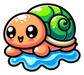 Cute cartoon turtle with green shell on transparent background