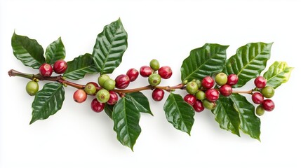 Top View of Coffee Plant Branch with Ripe Red and Unripe Green Berries Against White Background