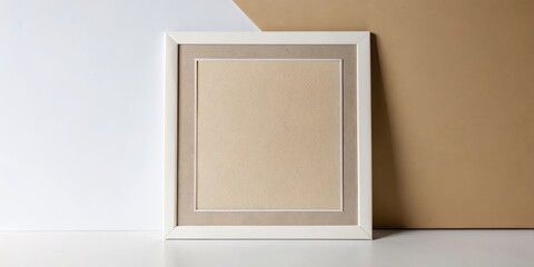 A minimalist frame leans against a neutral wall.